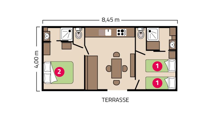 Plan mobil-home Suite Duo Camping La Mignardière