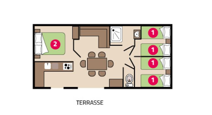 Plan mobil-home Famille Clim camping Le Petit Rocher