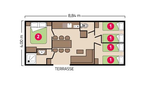 Plan mobil-home Famille Clim Éco camping La Mignardière