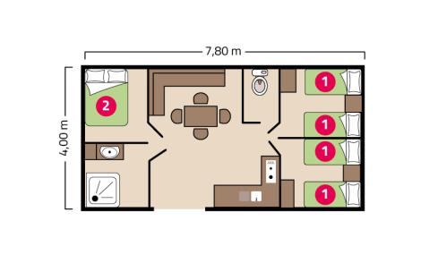 Plan mobil-home Famille Éco camping Le Petit Rocher